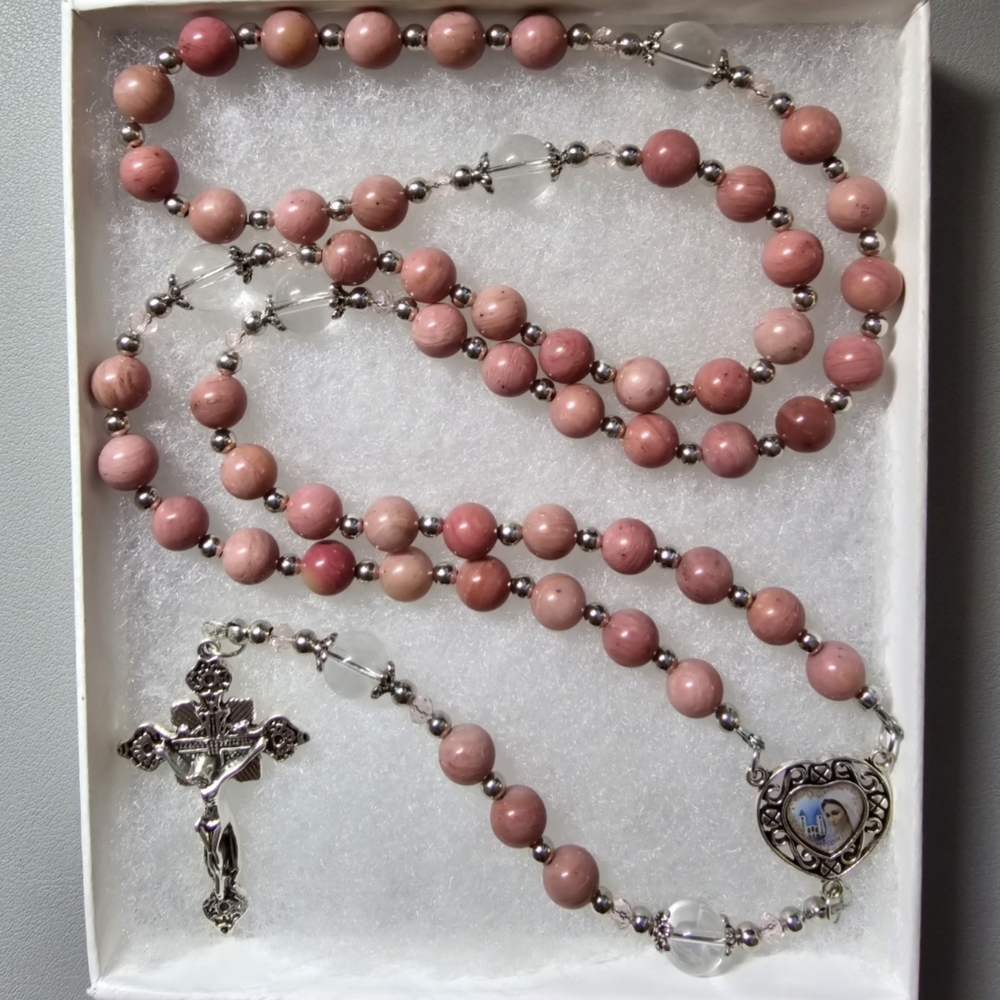 Large One Of A Kind Hand Crafted Rosary Made With Rhodochrosite And Quartz